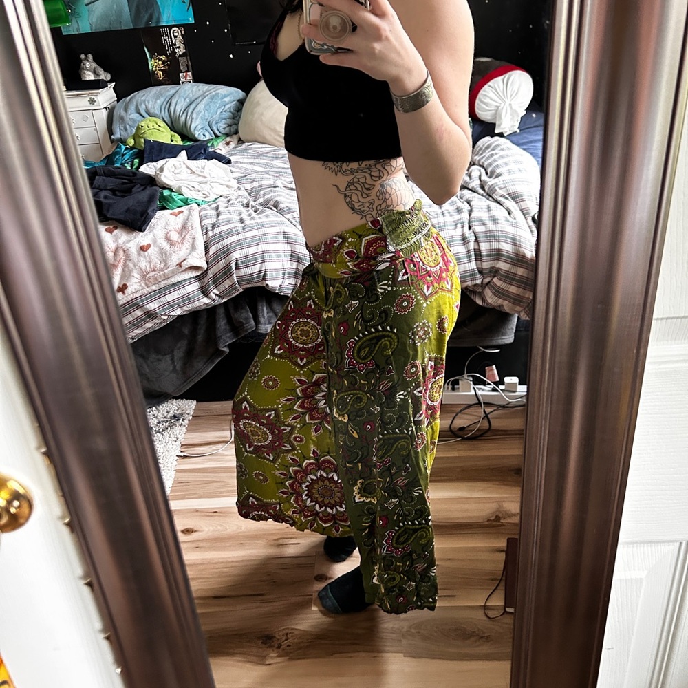 Bohemian Green Paisley Wide-Leg Pants